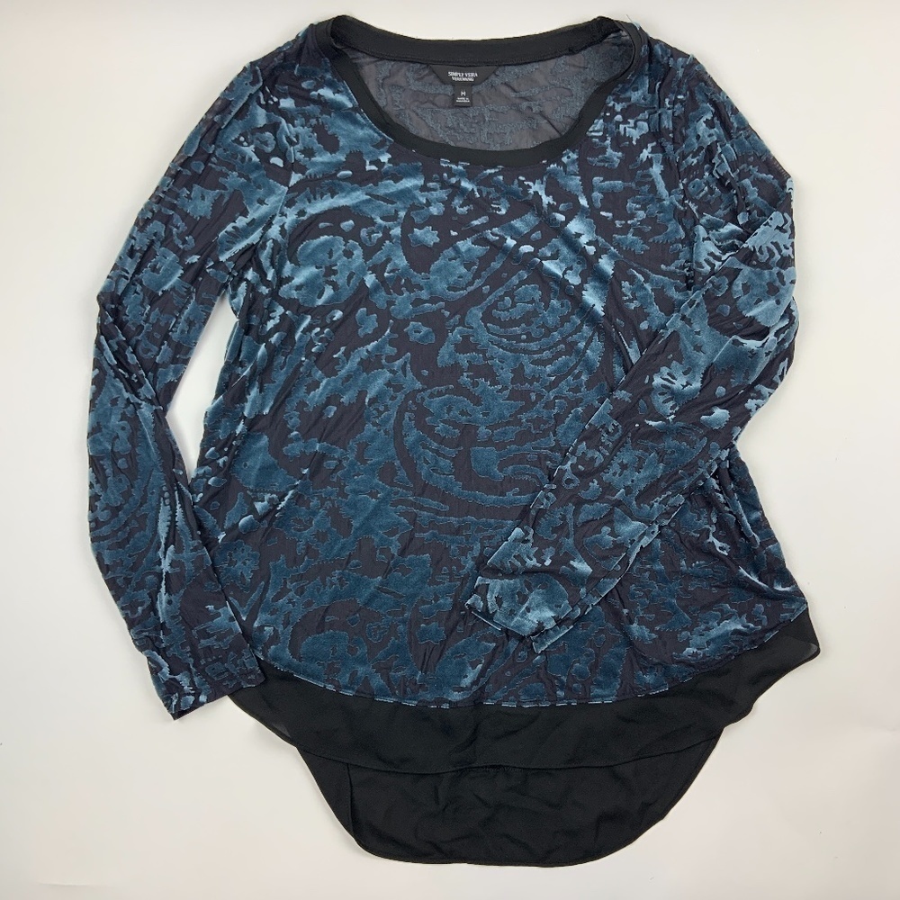 Simply Vera Vera Wang Blouse Womens Medium Round Neck Long Sleeve Blue Black